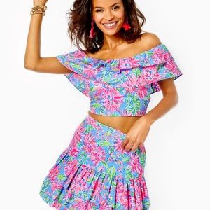 Lilly Pulitzer Mayslie set size 0 skirt & top off shoulder ruffled skirt set